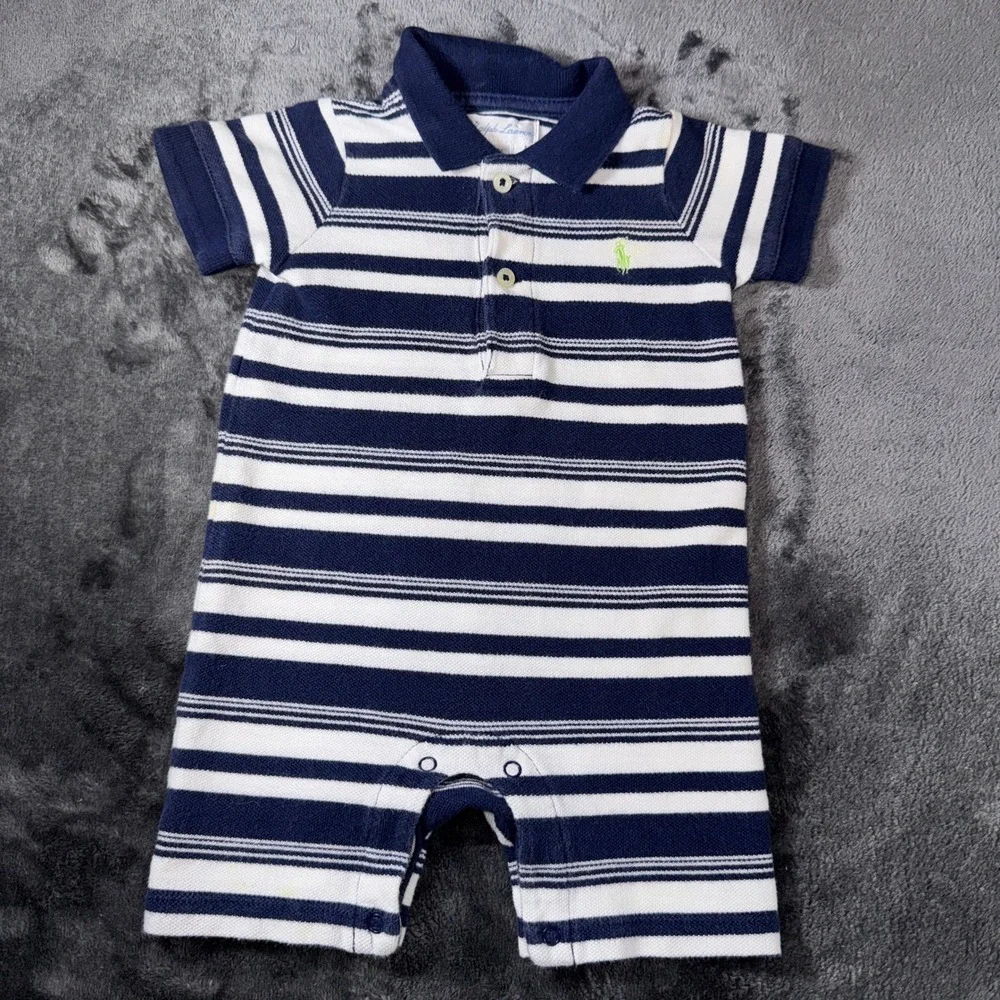 Ralph Lauren Baby Boy Navy White Striped Polo Romper 6M Short Sleeve Pony Logo